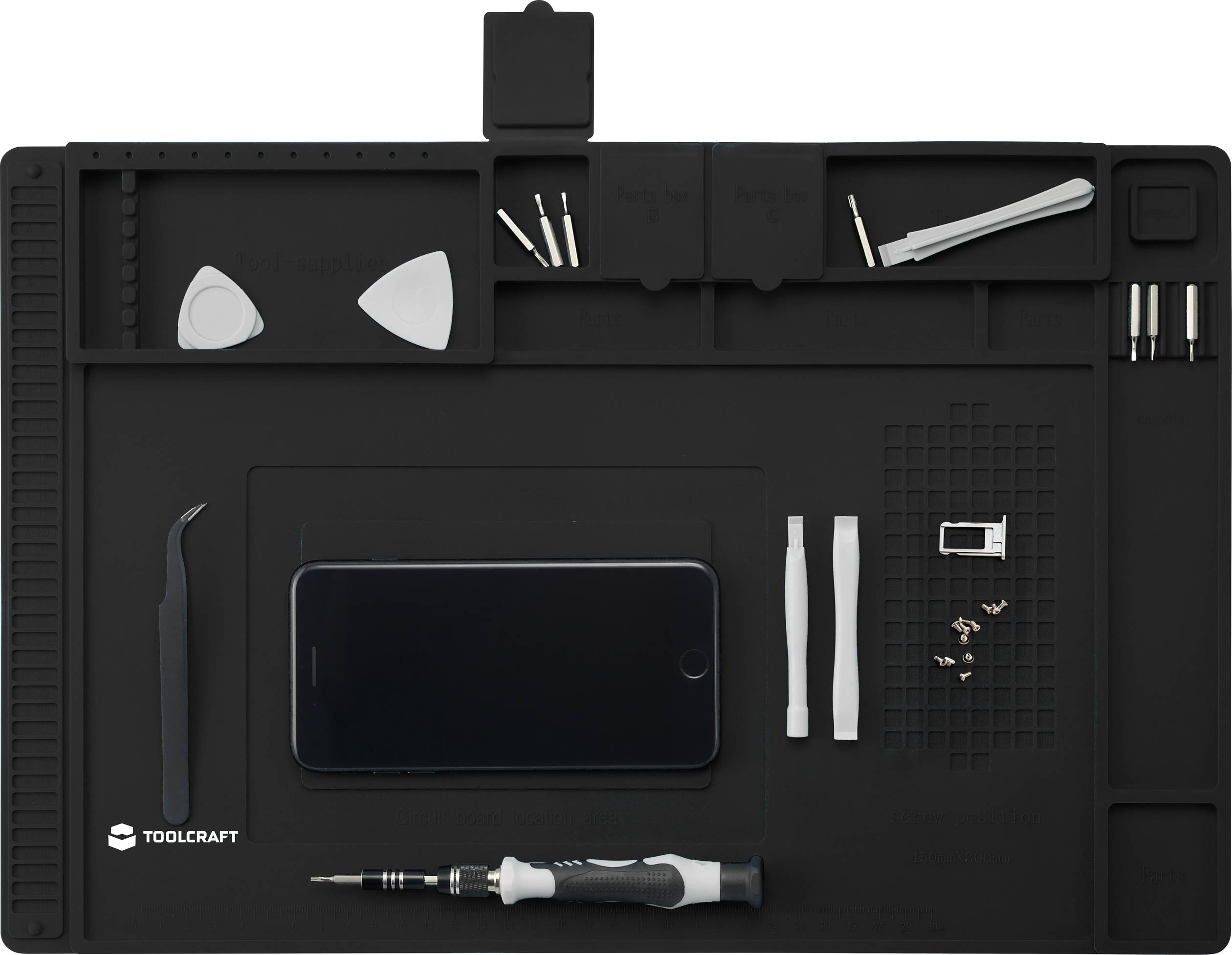 'Tool mat with smartphone, screwdriver, tweezers, magnetic surface and storage areas for small components.'