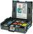 An open toolbox containing various electrical clamps and connectors. The lid features an image and text about 'Electrical Supplies for Professionals'.