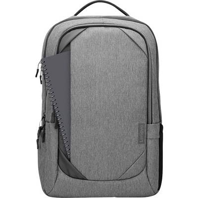 Grey rucksack with multiple compartments and pockets, with a spiral-bound notebook peeking out from one of the compartments.