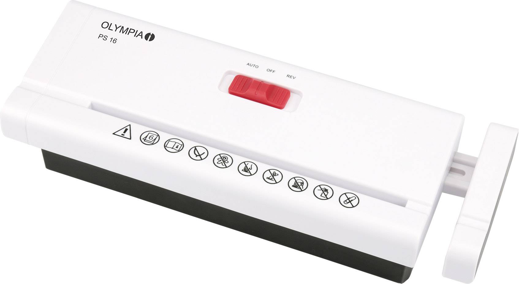 Electric paper shredder with white casing, red switch and safety guideline symbols on the front.