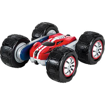 Red toy car with large black tyres on a light background. The car has white stripes and a dynamic design.