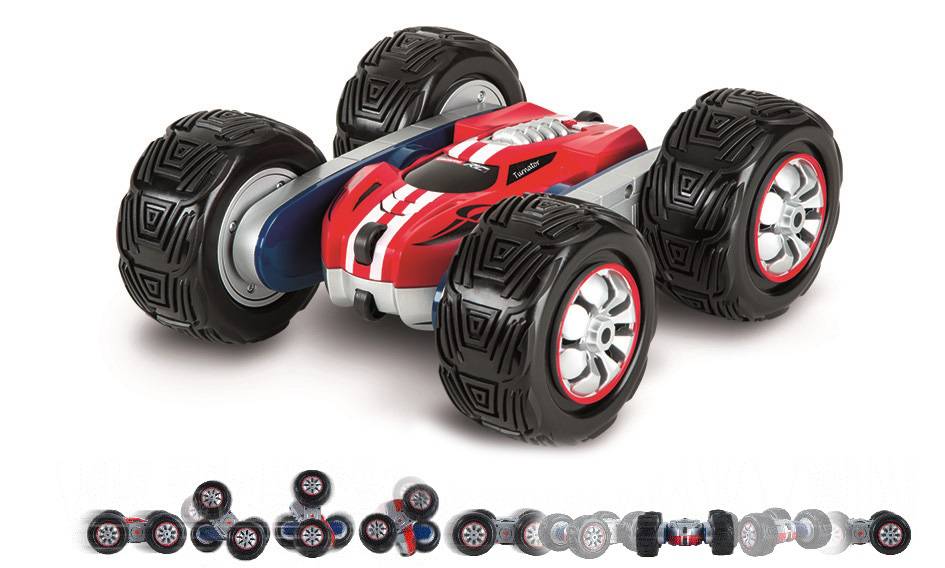 Remote-controlled car with large black tyres and red bodywork design. Different views of the vehicle are shown below.