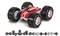 Remote-controlled car with large black tyres and red bodywork design. Different views of the vehicle are shown below.