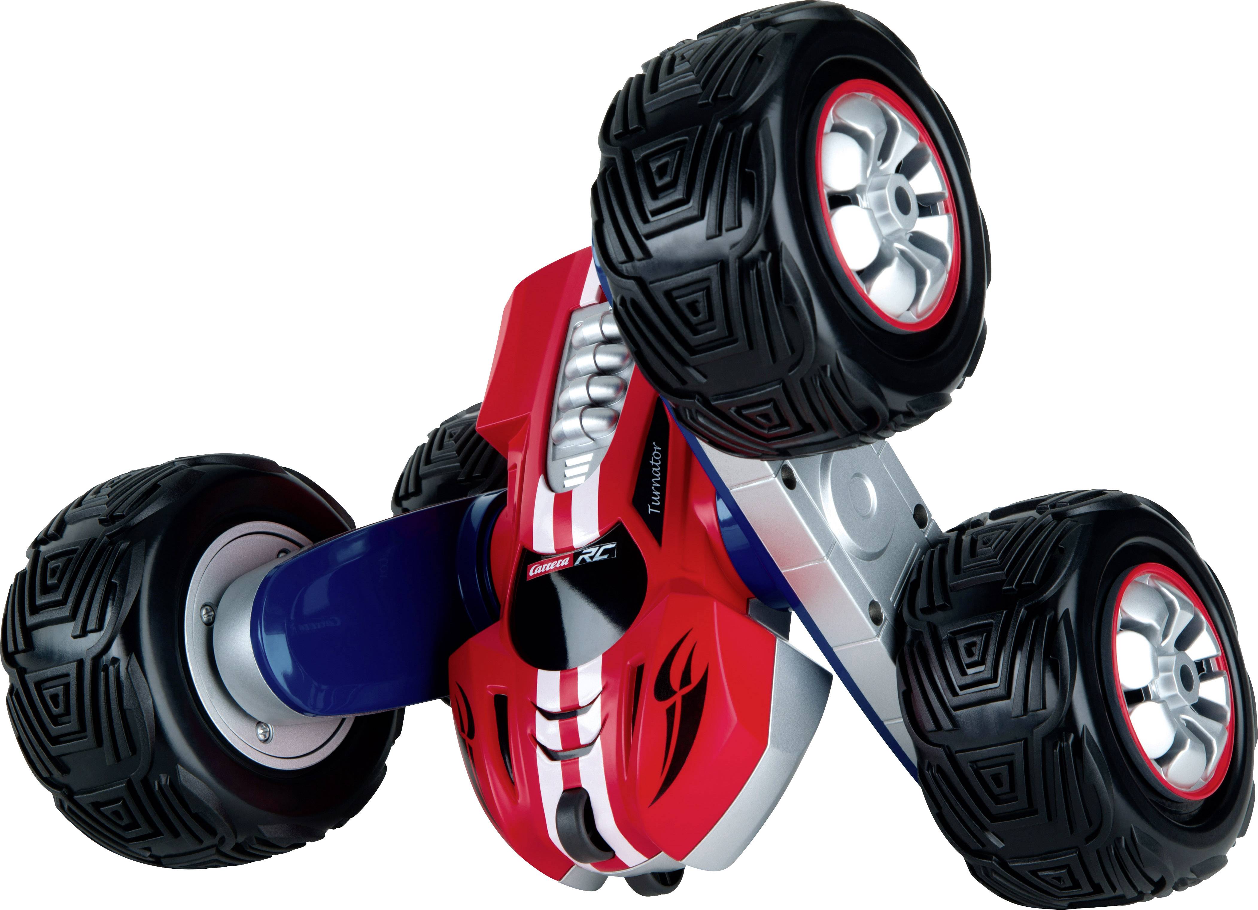 A red and blue toy car with four large off-road tyres, designed for stunts and high-octane driving manoeuvres.