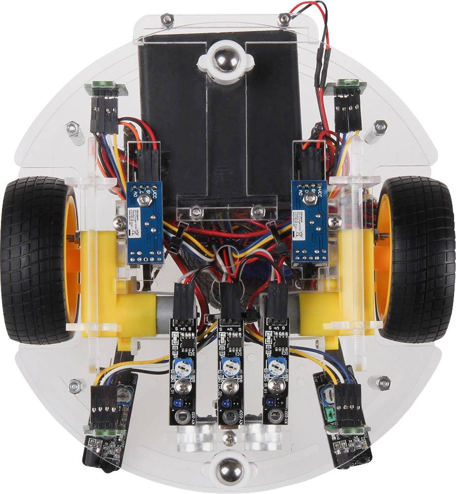 A round robot with two wheels, equipped with multiple sensors and cables, viewed from above.