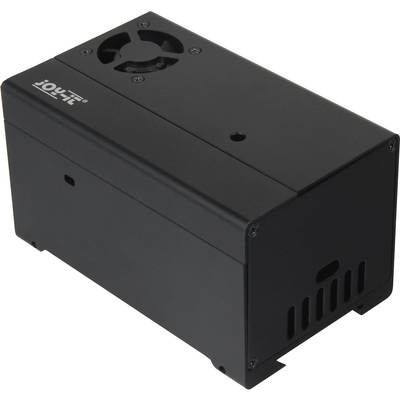 A black electronic device with a fan on the top and ventilation slots on the side; possibly a technical enclosure.