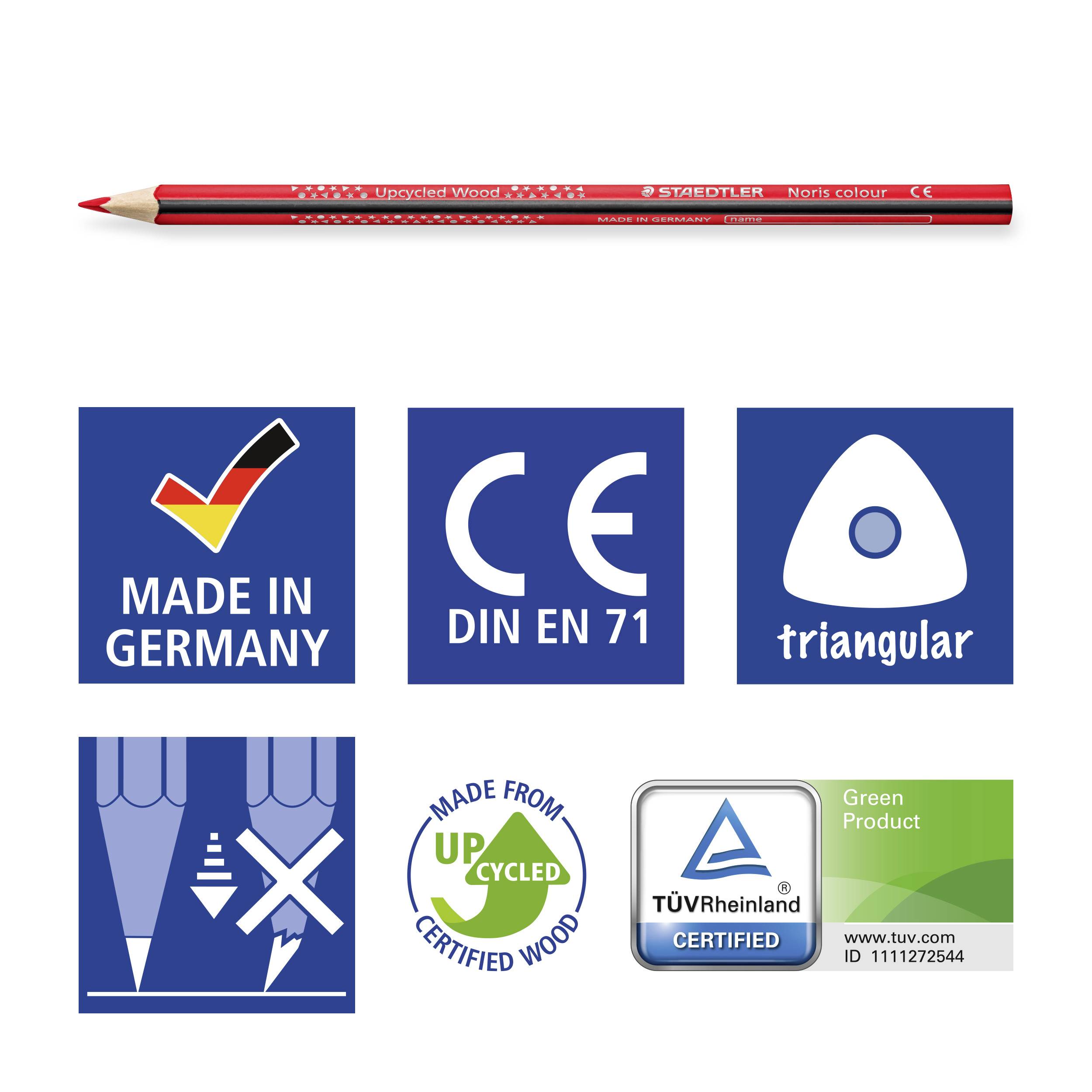 Red coloured pencil, triangular, made from recycled wood. Certificates: Made in Germany, CE DIN EN 71, upcycled, TÜV Rheinland, Green Product.