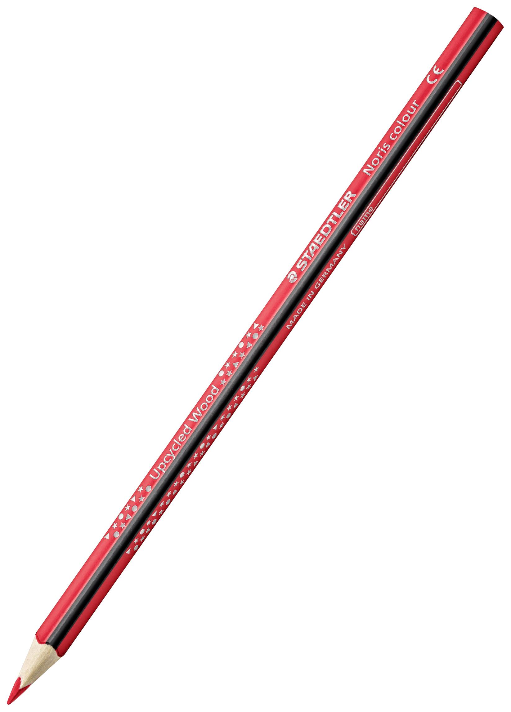 Red coloured pencil with a black stripe and the inscription 'STAEDTLER Noris colour'.