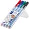 A pack of four wipeable Lumocolor markers in Red, Blue, Green and Black, each with a fine tip.
