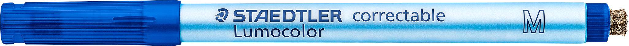 Blue Staedtler Lumocolor correction pen, medium tip. Ideal for marking on coated surfaces, erasable.