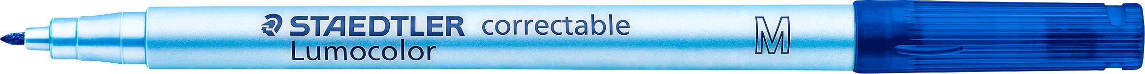 Blue pen with the inscription 'STAEDTLER correctable Lumocolor M'.