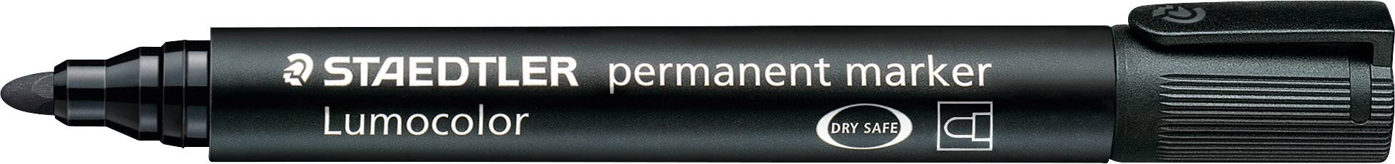 Black STAEDTLER Lumocolor Permanent Marker with round tip. Ideal for labelling on various materials.