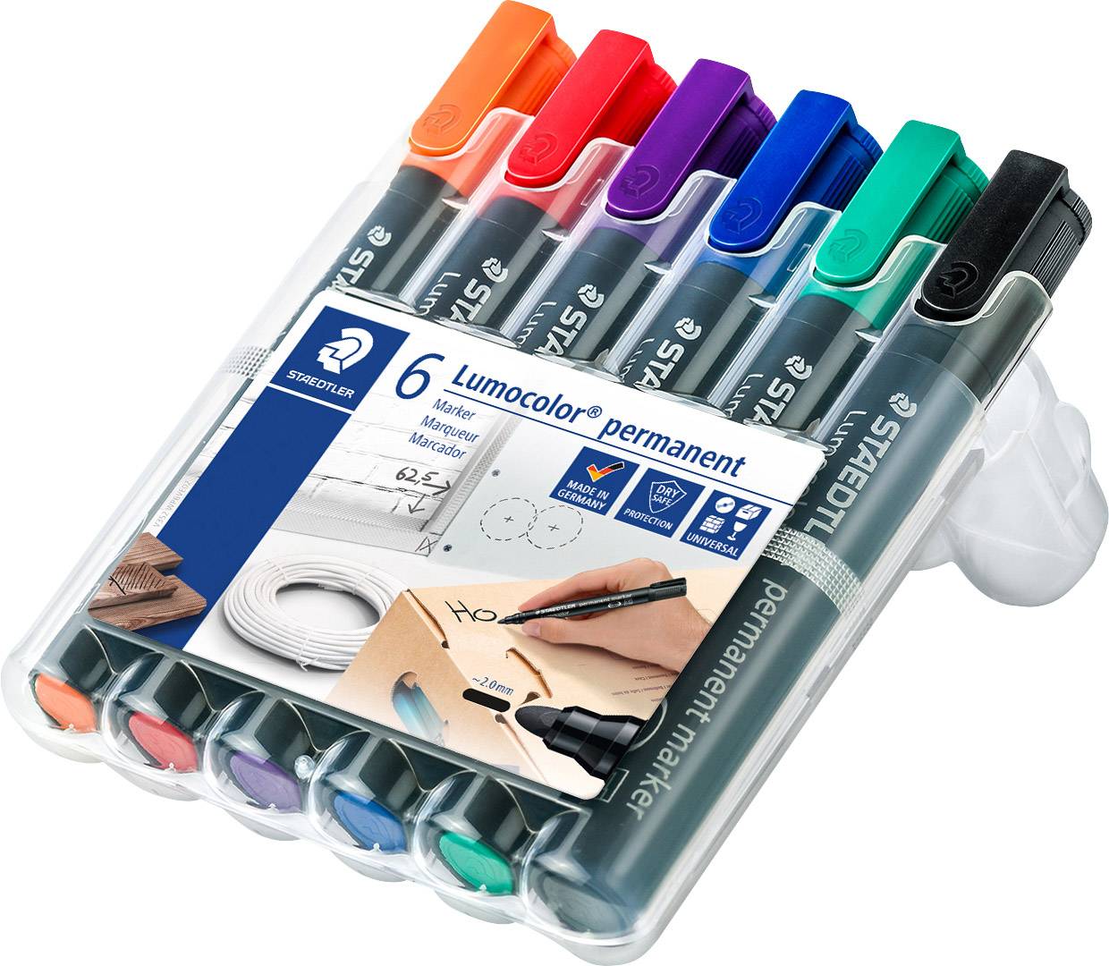 Six Lumocolor permanent markers in different colours in a plastic box, suitable for marking on almost all surfaces.