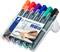 Six Lumocolor permanent markers in different colours in a plastic box, suitable for marking on almost all surfaces.