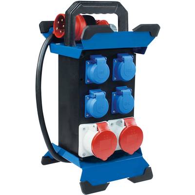 Portable power distribution box with multiple blue and red sockets and a black handle. Suitable for construction sites or events.
