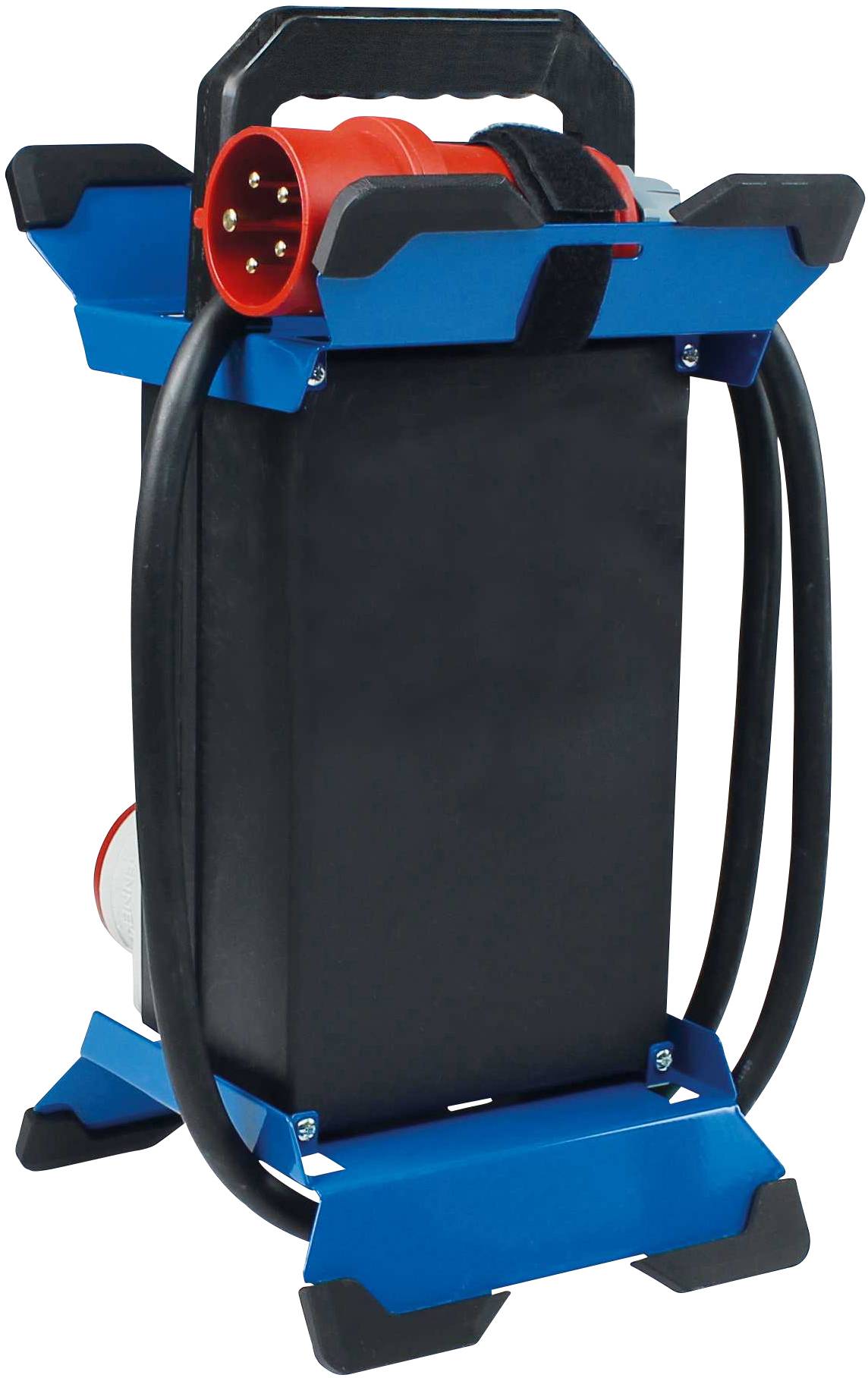 Portable power supply unit in blue and black with a red plug and cable, easily transportable by the handle on top.