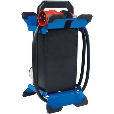Portable power supply unit in blue and black with a red plug and cable, easily transportable by the handle on top.