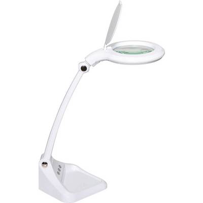 A white desk lamp with a flexible mount and a built-in magnifying glass under the lampshade, perfect for reading and detailed work.