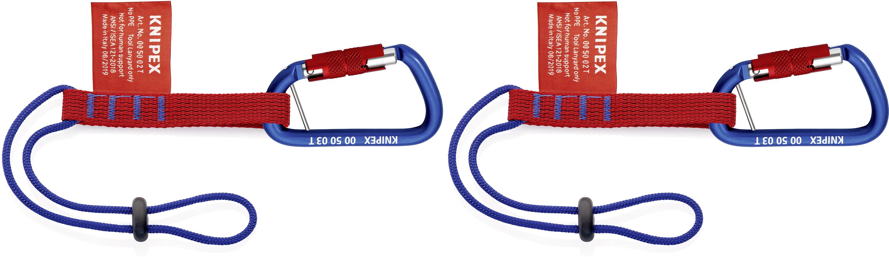 Two blue carabiners with red ribbons and loops. A red label with white text at the top. Used for securing or fastening.