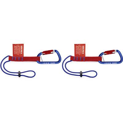 Two blue carabiners with red ribbons and loops. A red label with white text at the top. Used for securing or fastening.