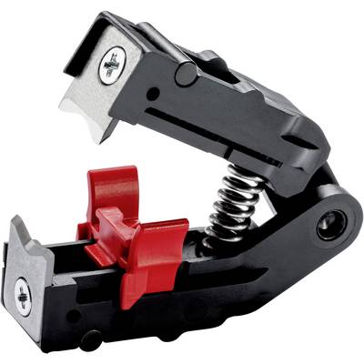 A black and red metal staple remover with a spring mechanism, photographed open from a side perspective.
