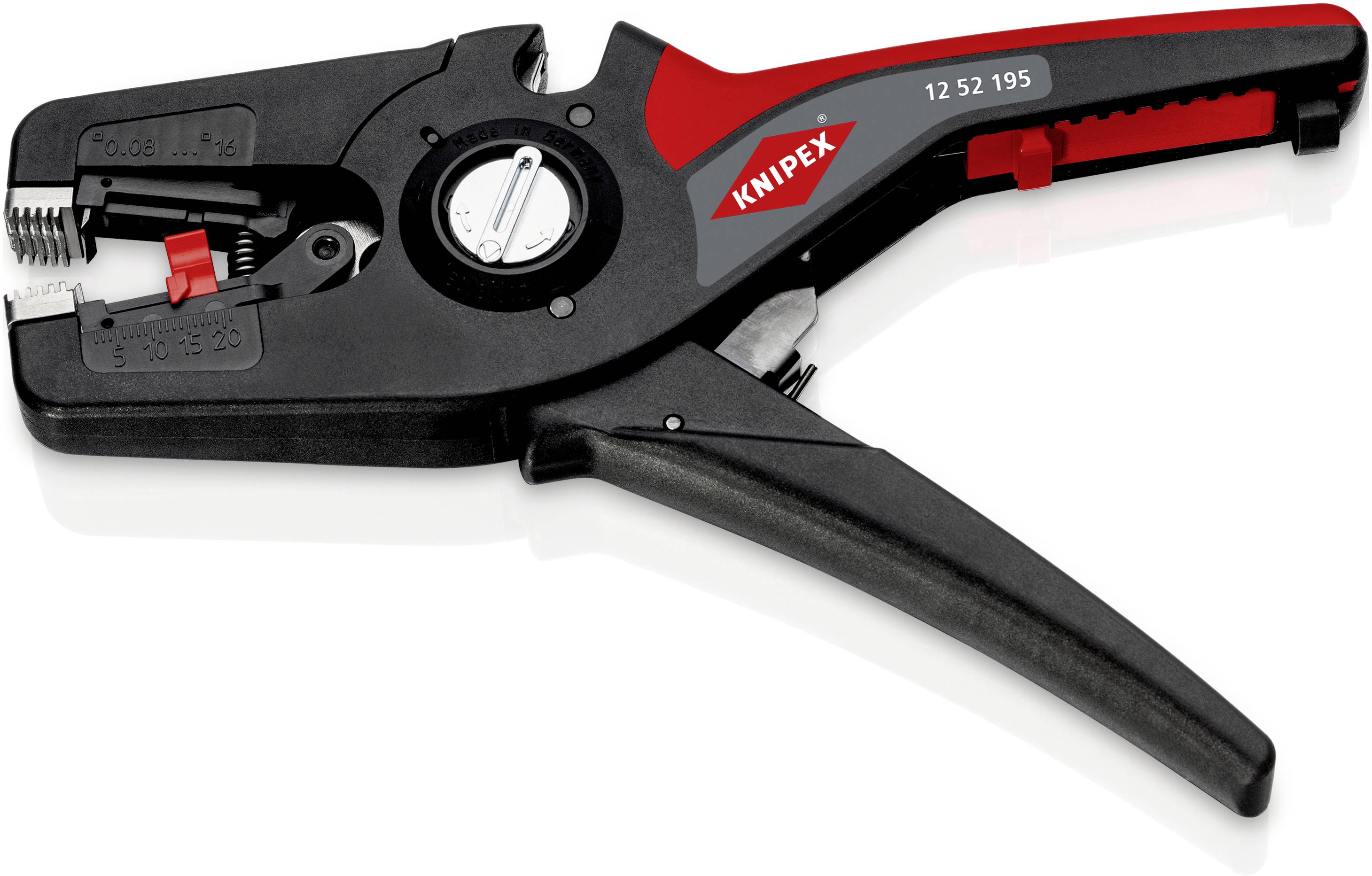 Wire strippers, black and red, for precise removal of insulation on cables of various sizes. Text on tool: 'Knipex 12 52 195'.