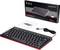 Black compact keyboard with red accents, USB connection and packaging with image and model number 'Periboard-422'.