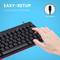 Keyboard with a hand pressing a key. Text in the image: 'EASY SETUP. Simply plug it in and start typing.' USB-C connection shown.