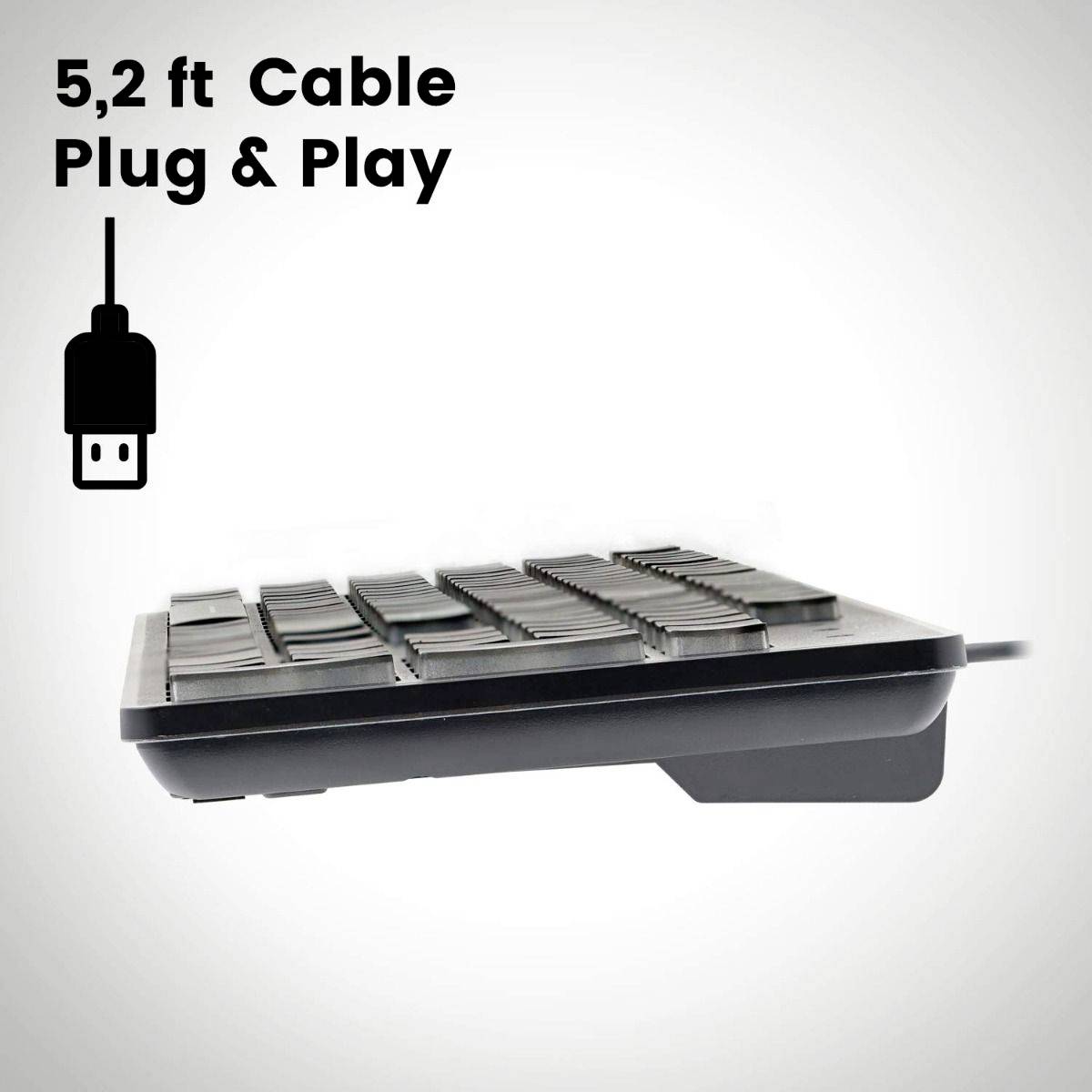 Side view of a computer keyboard with USB cable. Top left reads: '5.2 ft Cable Plug & Play'
