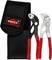 Two pliers with red handles in front of a black case with the 'Knipex' print, one black, the other silver, lying side by side.