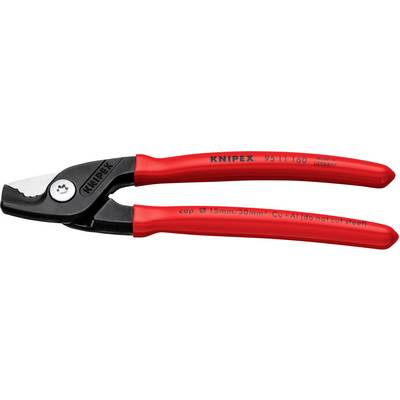 Red KNIPEX pipe cutting tool with black cutting head, suitable for pipes with 15mm-50mm diameter, marked 'cup' and 'sp' on handles.