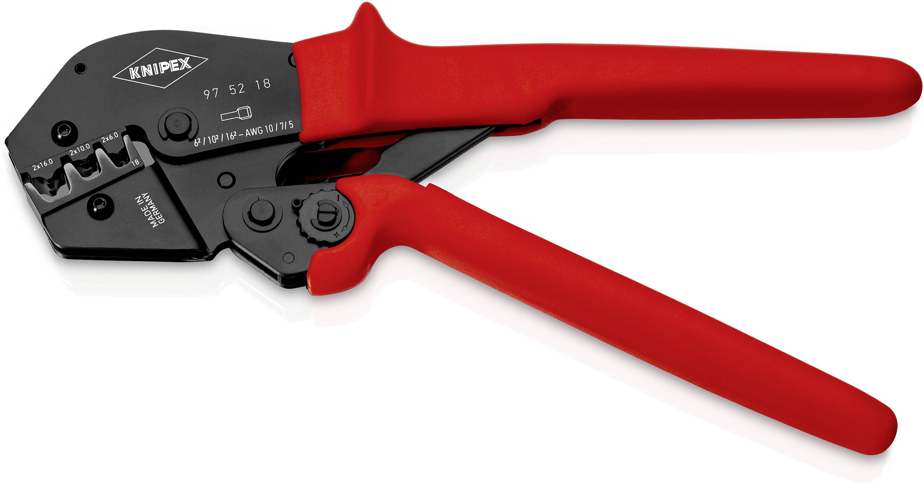 A red crimping pliers with black metal elements, suitable for crimping cable connectors. Markings are visible on the pliers.