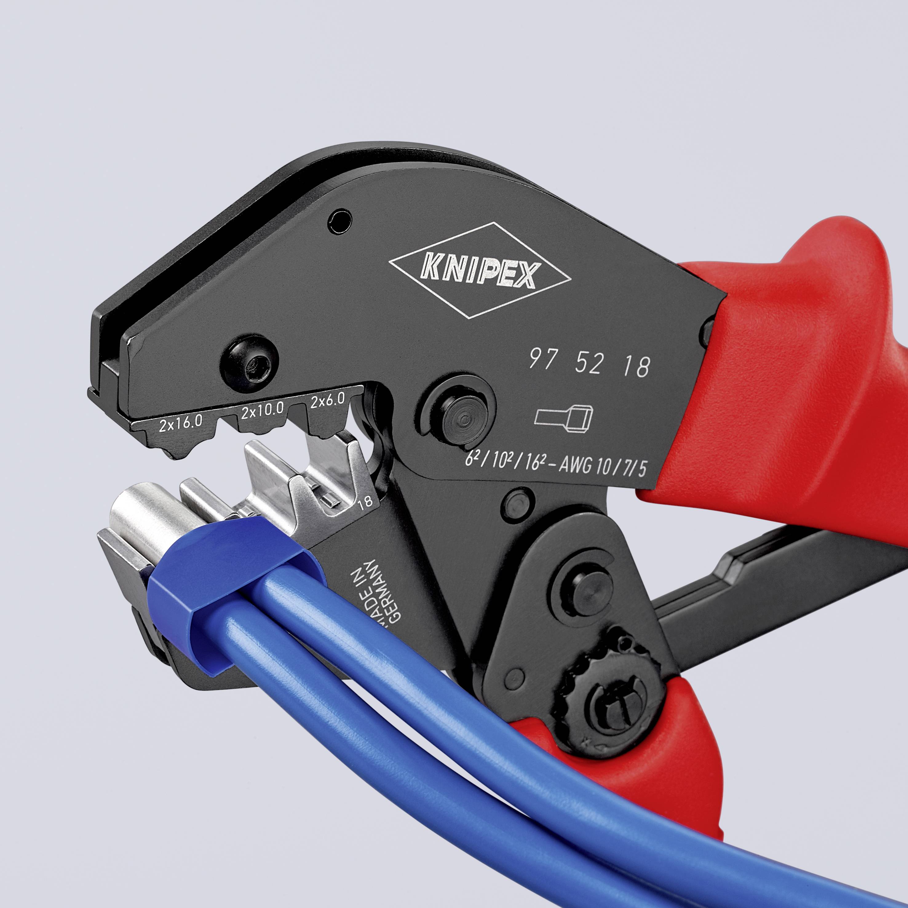 Pliers for cable processing with a red handle in use while working on a blue cable.