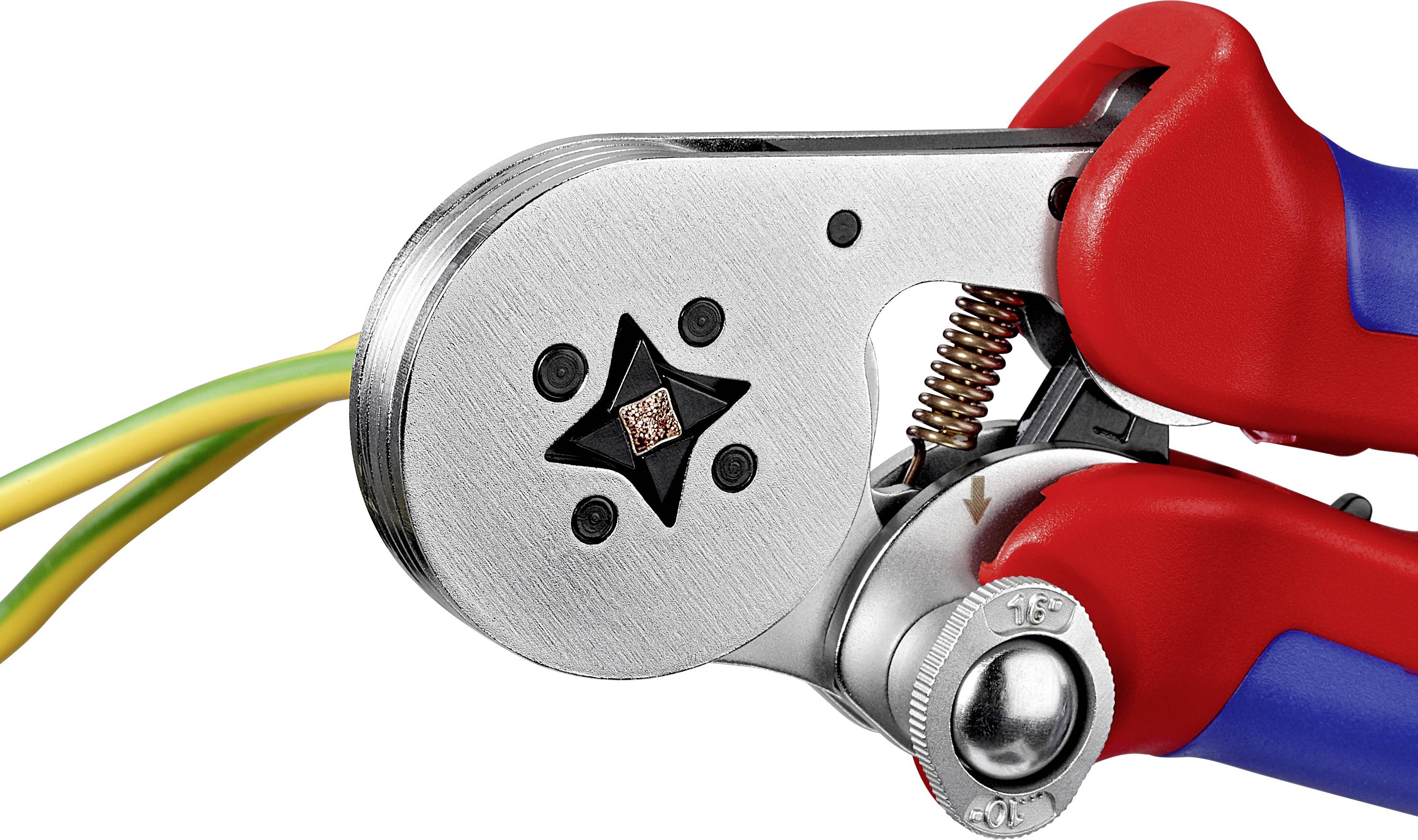 Hand tool that compresses multiple wires together using a crimping plier. The pliers are red and blue, the wires are yellow and green.