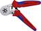 Hand pliers with red and blue handle. Inscription 'KNIPEX 97 55 14 GERMANY' and '0.08-10 mm² / AWG 28-7'.