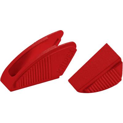 Two red plastic wedges used to protect surfaces when working with clamps.