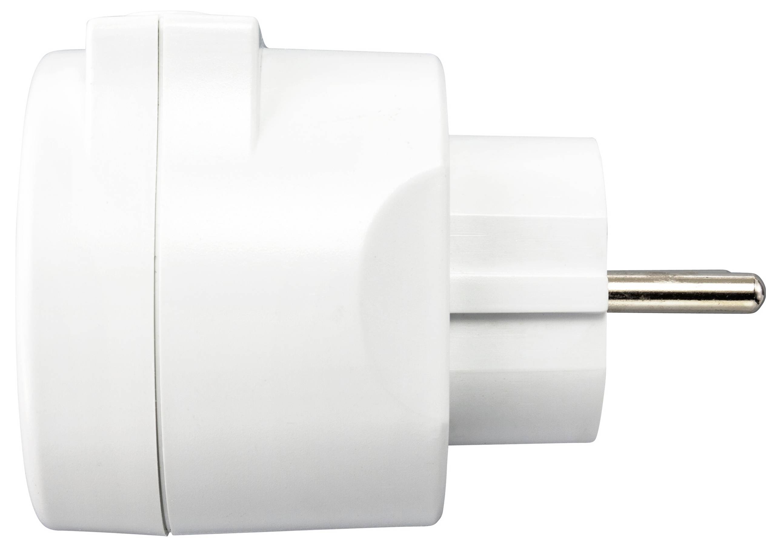 A white travel adapter of type F, suitable for European power sockets. Side view shows round shape and metal pin.