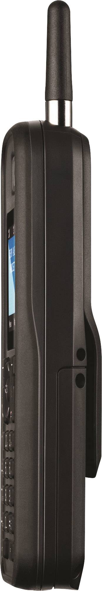 Black and grey, old-fashioned mobile phone with an aerial, pictured from the side. Shows keypad and small screen.