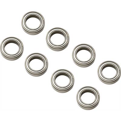 Eight ball bearings arranged in two staggered rows, silver in colour. They are positioned on a white surface.