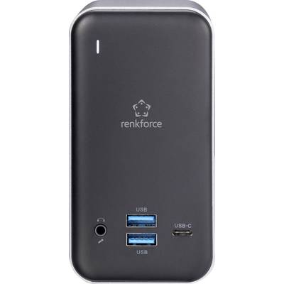 Black Renkforce USB hub with two USB ports, a USB-C port and an audio port on the front.
