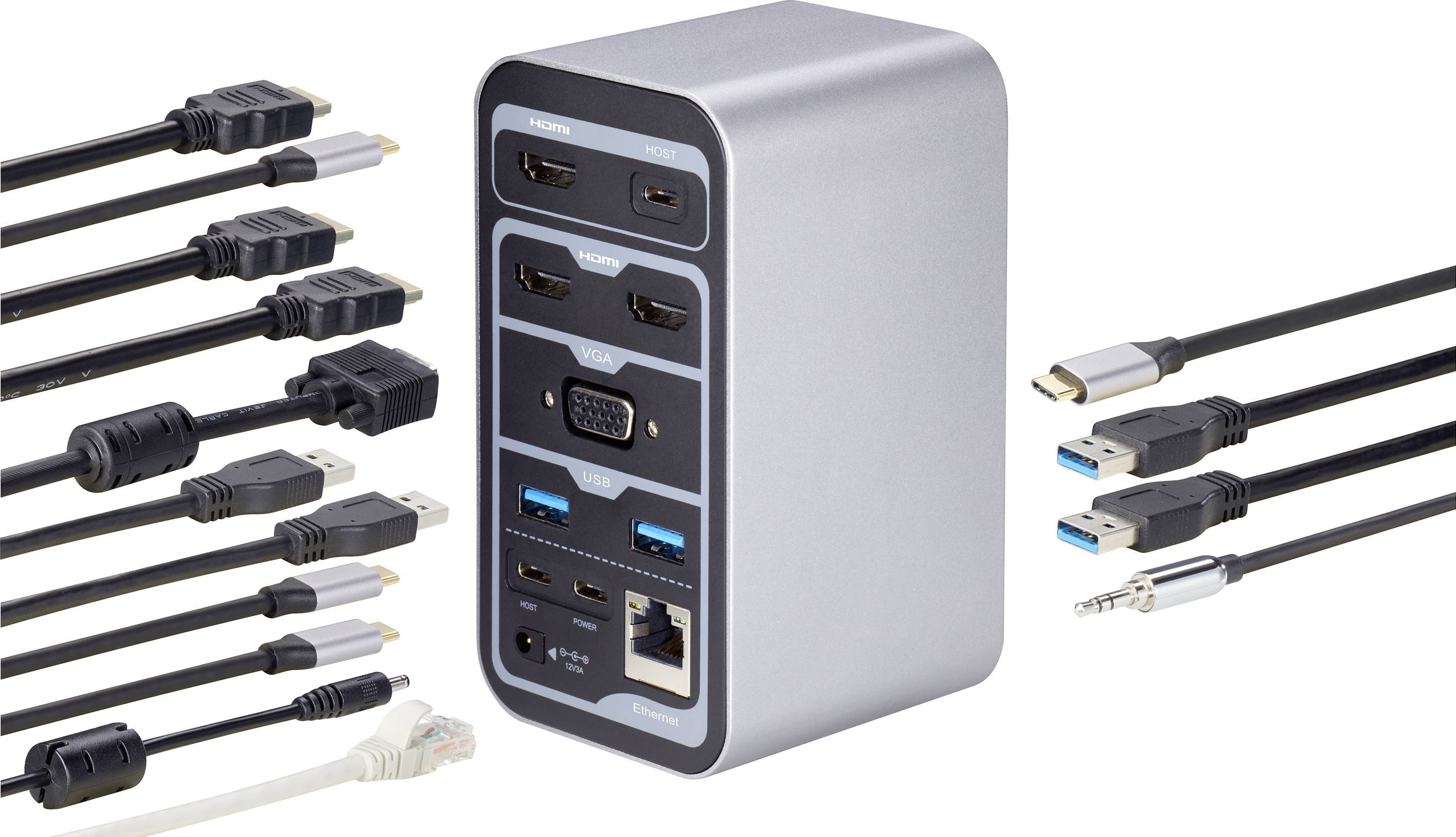 Several cables are connected to a docking station that has HDMI, Ethernet, VGA, and USB ports.