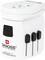 White universal travel adapter by Skross, 'Designed in Switzerland', with multiple socket outlets and slide selector buttons for different countries.
