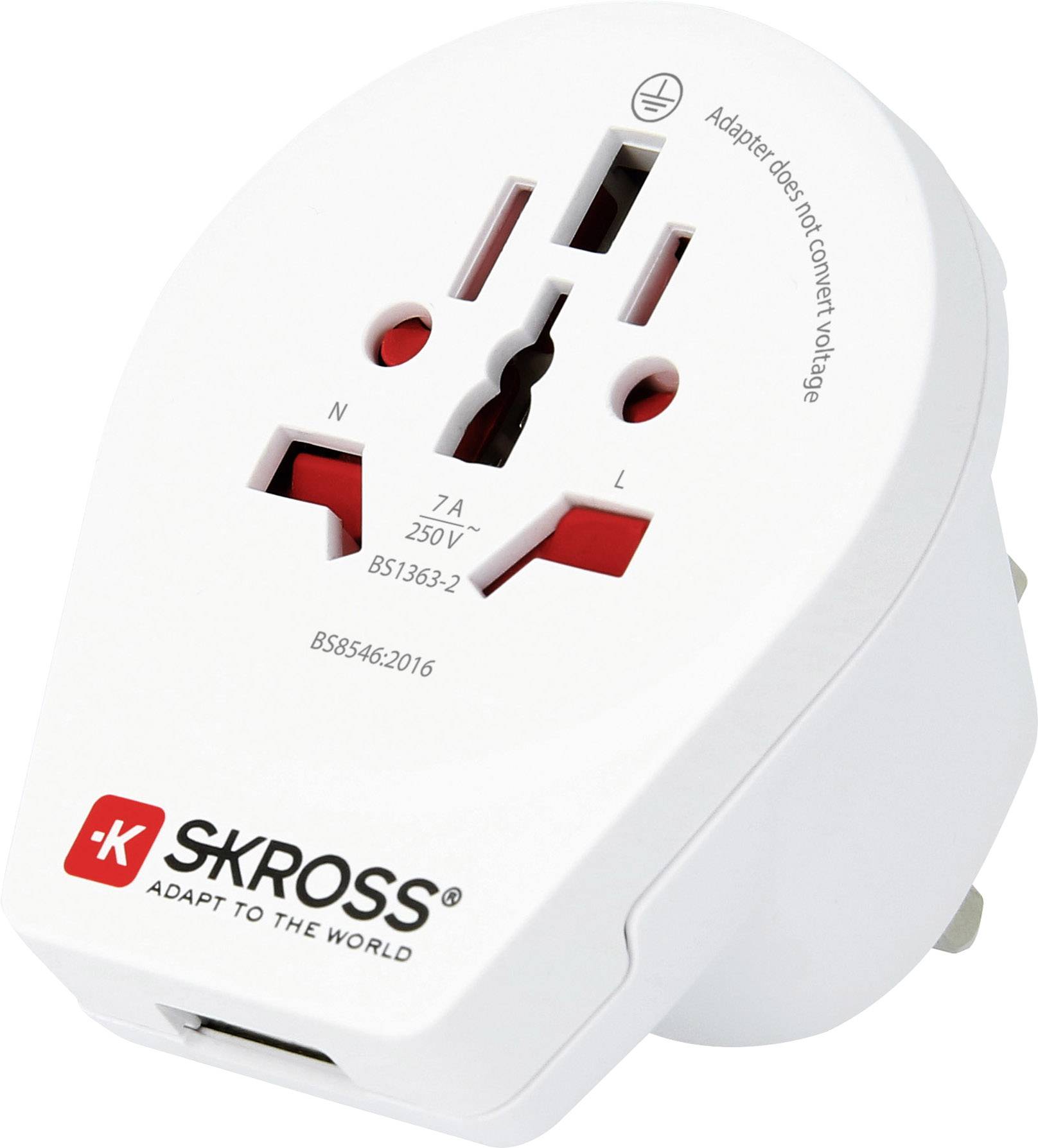 White travel plug adapter with 'SKROSS' printed on it. Universal socket compatible with various plug types, suitable for worldwide use.