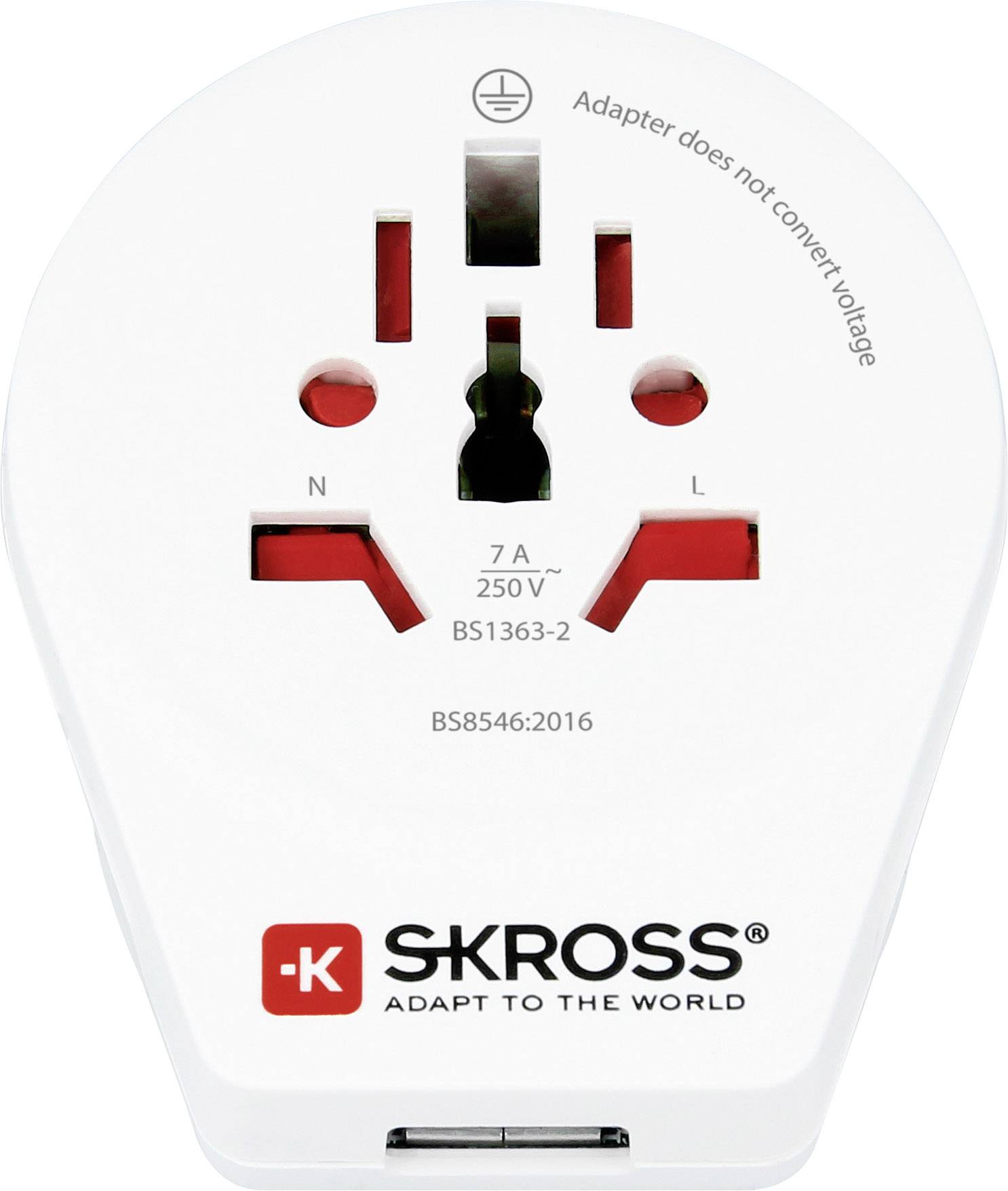 'Travel plug adapter, 7A, 250V, universal connections, Note: Adapter does not convert voltage.'