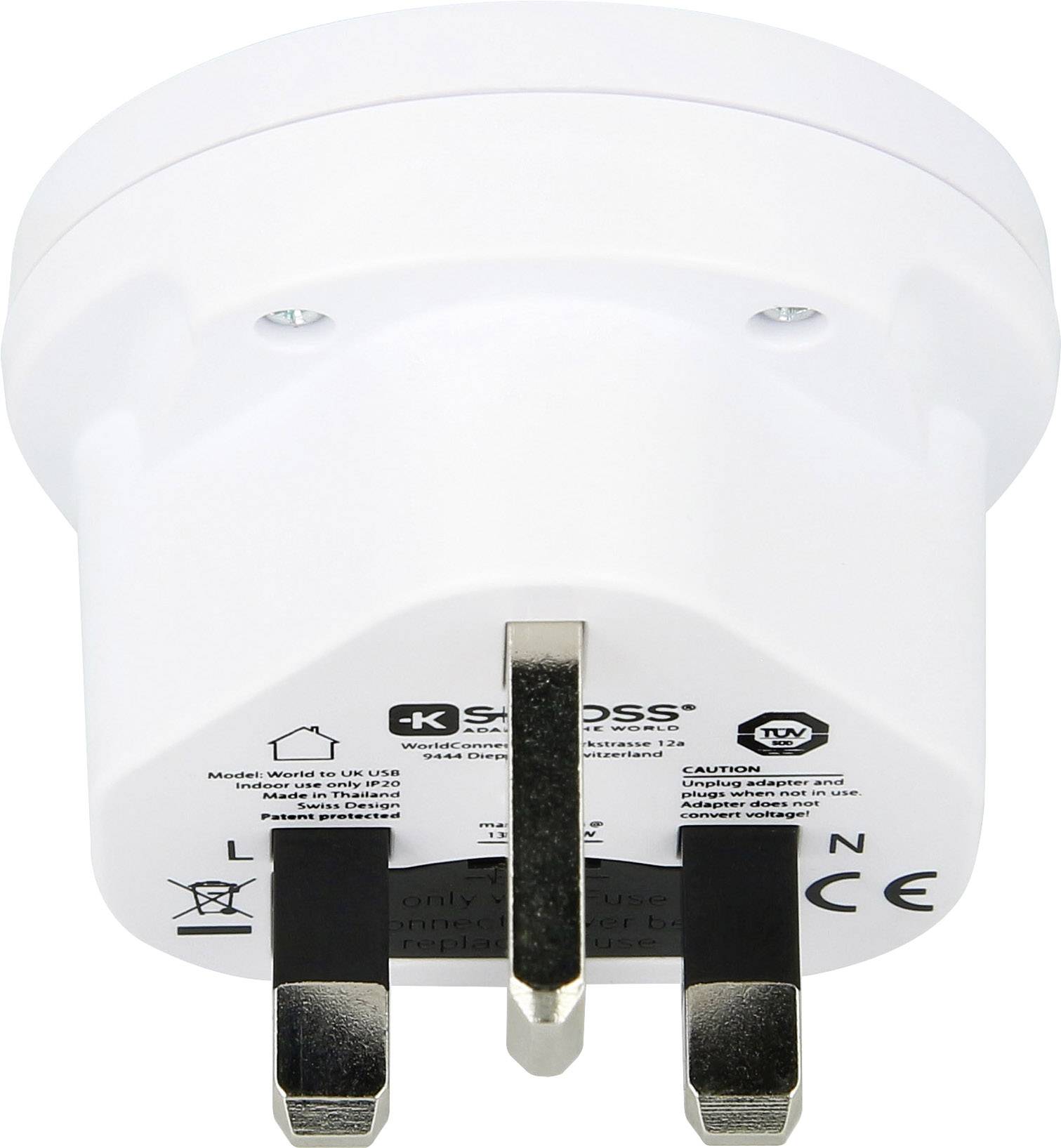 A white travel adapter for UK plugs, suitable for 13 A, 250 V, with CE marking and safety warnings printed.
