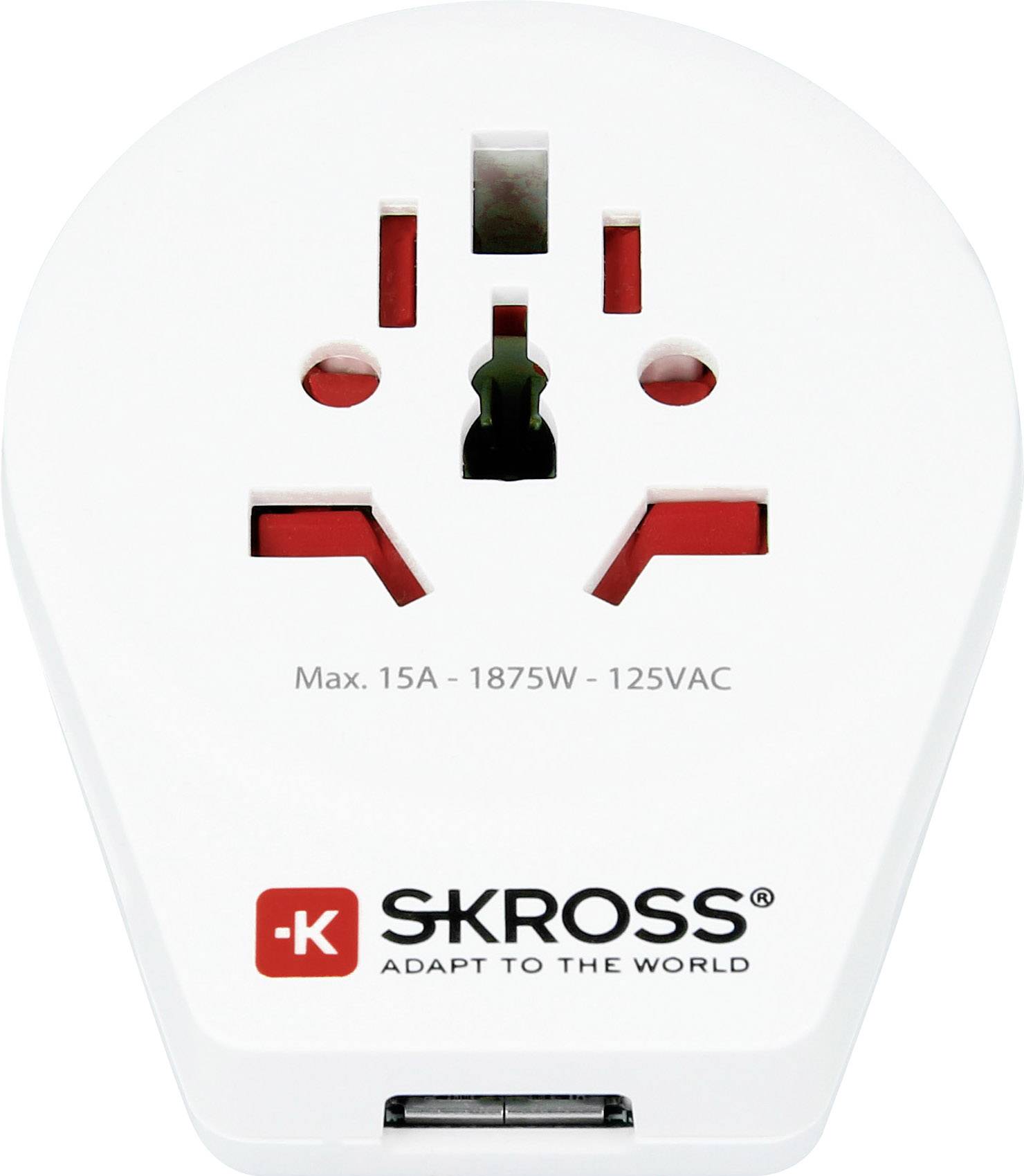 'SKROSS brand travel plug. White adapter with multiple socket options, suitable for up to 15A, 1875W, 125VAC.'