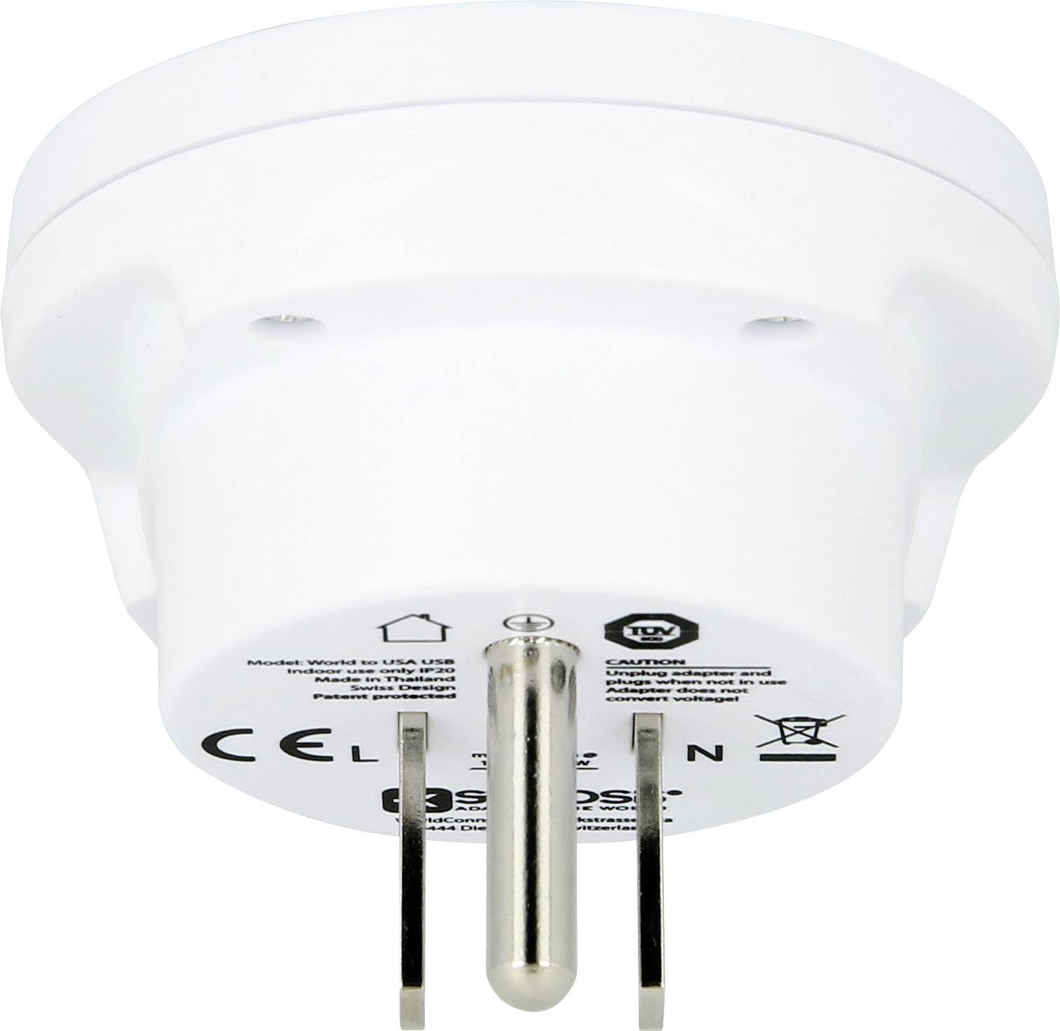 White adapter plug with European plug, underside with CE marking and safety symbols, bottom view.