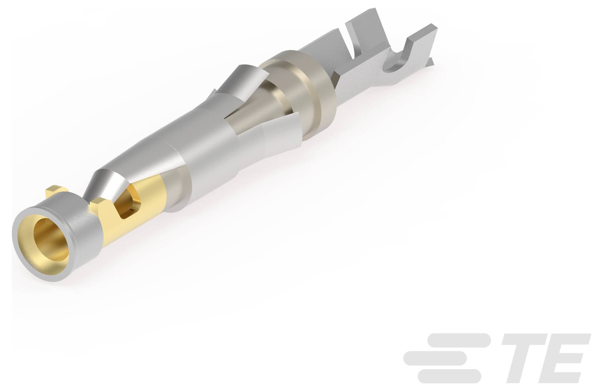 A metallic electrical connector with cylindrical and angular features, designed for precise connectivity. The TE logo is visible.