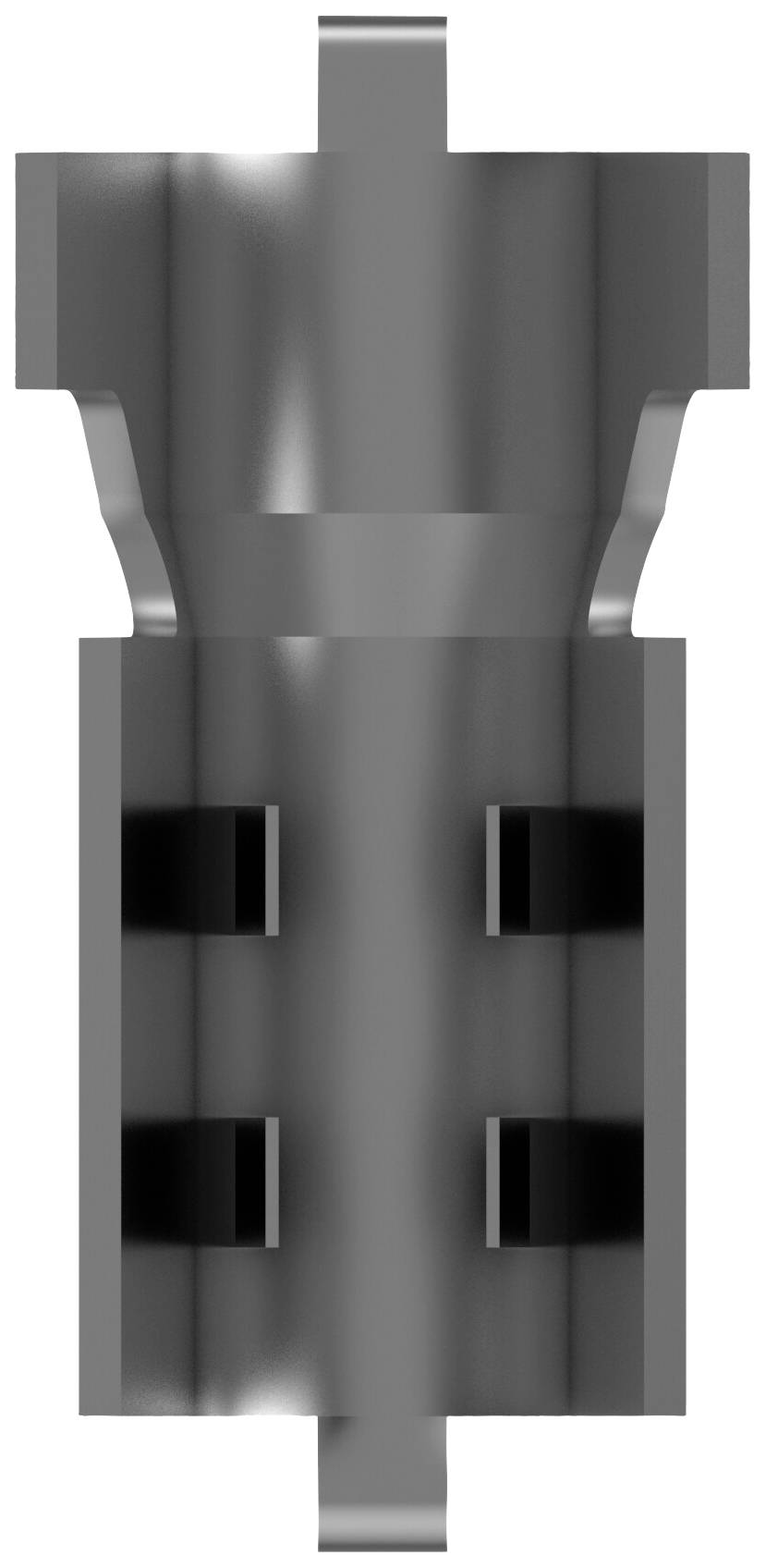 Metallic component with symmetrical design, central channel, rounded edges, and slot-like openings; technical component.