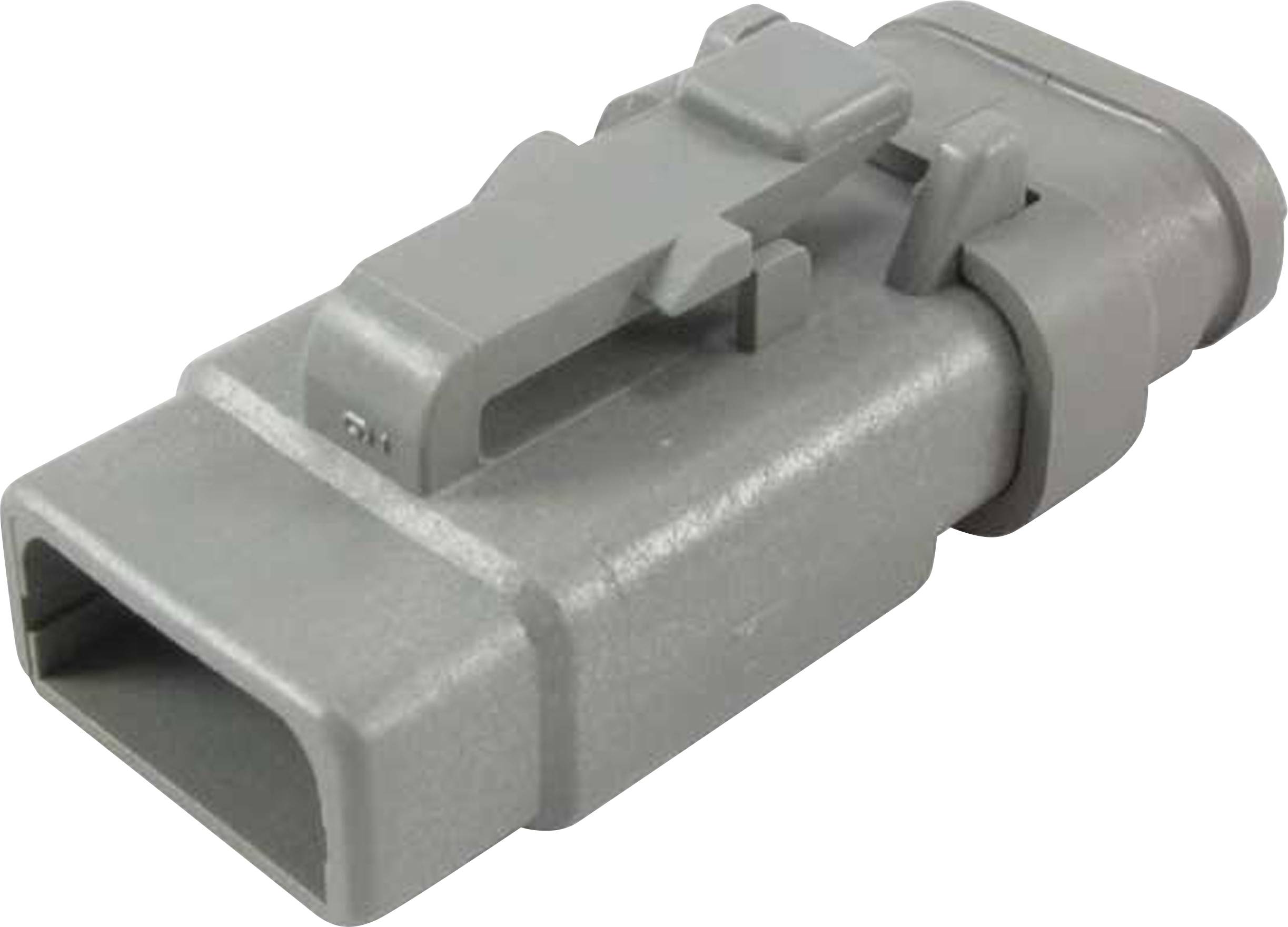 A grey, rectangular plastic plug with a mounting clip on the top side, typically used for electronic connections.